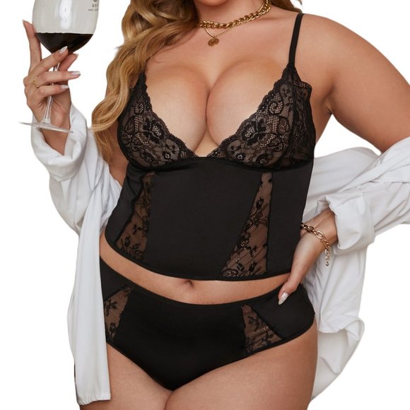 Plus Size Lace Patchwork Cami and Panty Lingerie Set - Picture 7 of 7